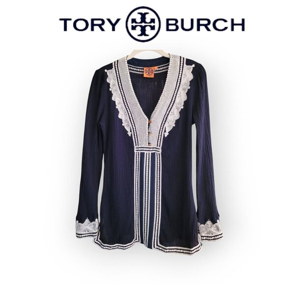 Tory Burch Navy White Tunic with Gold Accents Size 4 - Picture 1 of 10